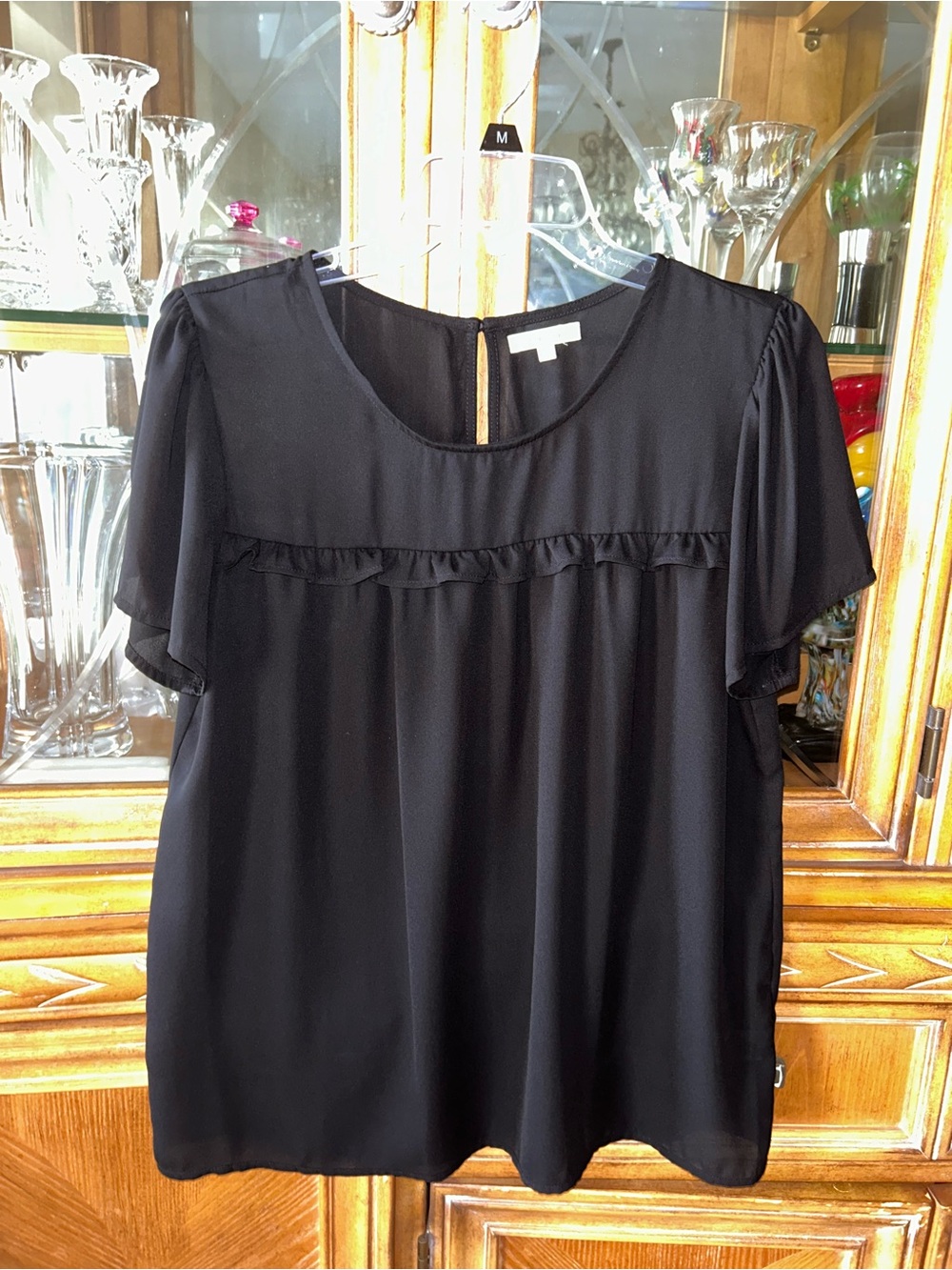 Pleione Black Ruffle-Yoke Short Sleeve Blouse - New never worn.